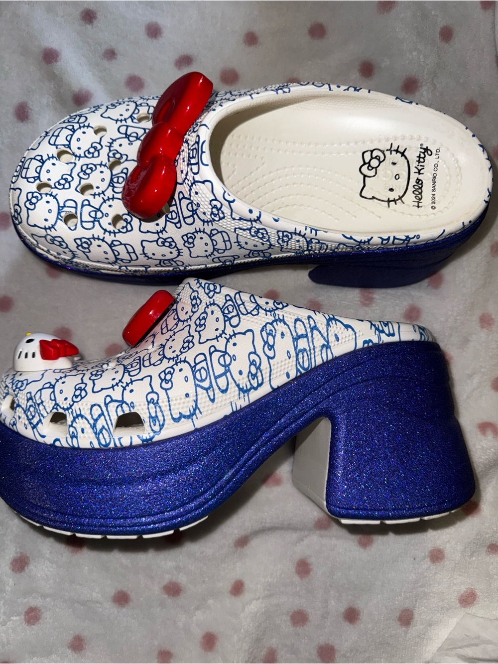 Hello Kitty Kids' White & Blue Platform Clog with Red Bow. Crocs size 9 women